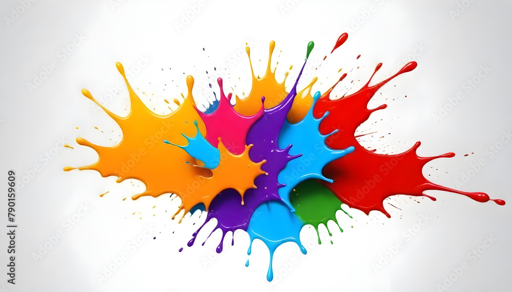 A vibrant splash of various colors of paint against a clean white background