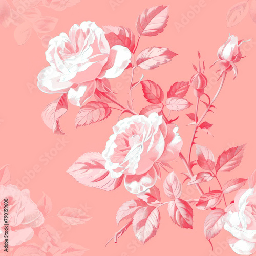Seamless pattern of pink roses over pink background.