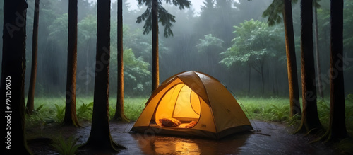 A tent located in the center of a dense forest while rain falls steadily, creating a wet and muddy environment