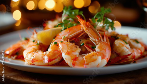 Succulent seafood delight_ Delight in the exquisite flavors of a main course featuring shrimp or mus photo
