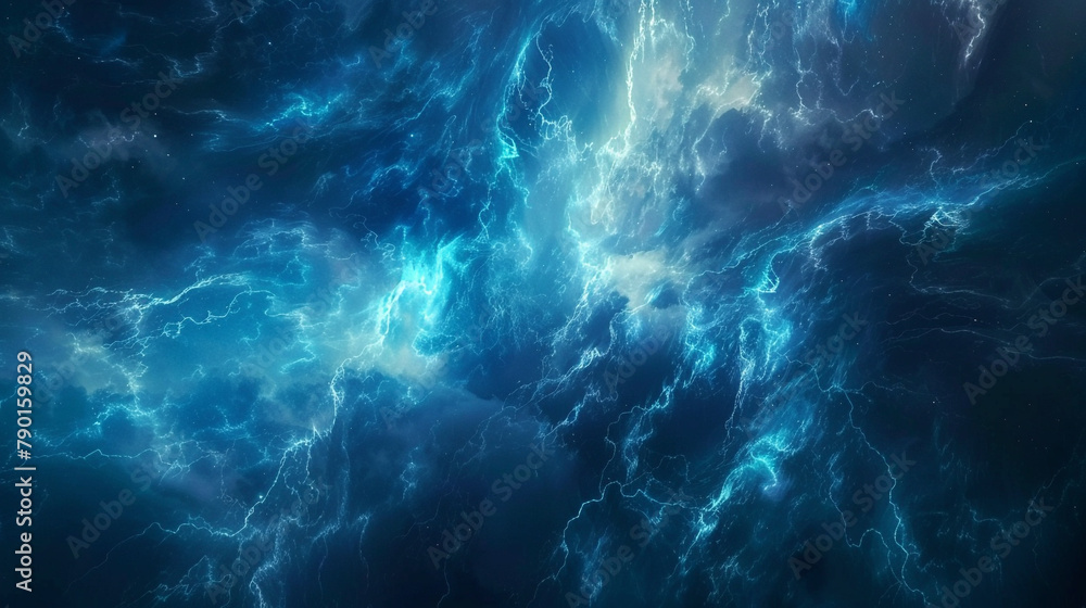 Amidst the infinite abyss, a lone tendril of sapphire mist drifts, its shape echoing the fierce power of a lightning bolt, its presence a testament to the awe-inspiring forces that shape the cosmos.