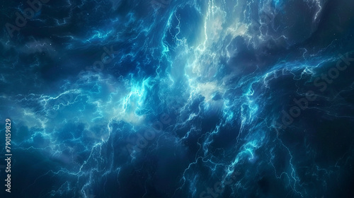 Amidst the infinite abyss  a lone tendril of sapphire mist drifts  its shape echoing the fierce power of a lightning bolt  its presence a testament to the awe-inspiring forces that shape the cosmos.