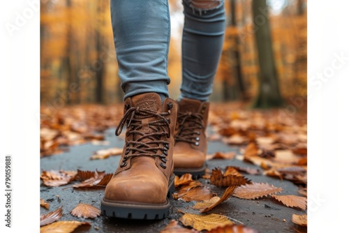 Close-Up of Walking Boots on a Nature Trail. Active Lifestyle Concept