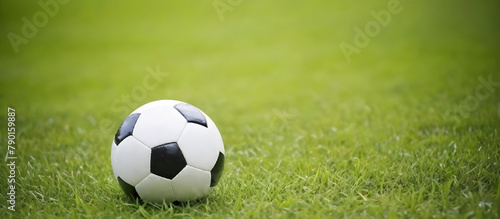 A soccer ball rests on top of a vibrant green soccer field, under the clear sky