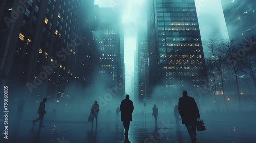 Eerie financial district at night, foggy with ghostly silhouettes of businessmen, conveying a spooky yet successful atmosphere photo