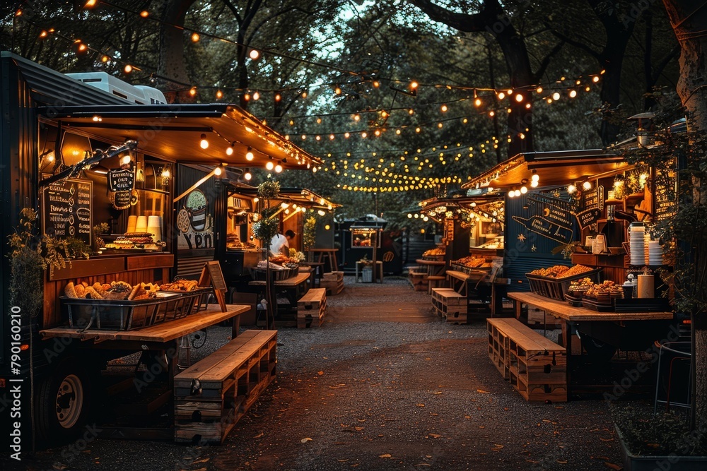 A festive gathering of food trucks, each adorned with unique decorations, offering a culinary journey through burgers, ice cream, coffee, cakes, pizza, sushi, tacos, donuts, and vegan delights A festive gathering of food trucks, each adorned with unique decorations, offering a culinary journey through burgers, ice cream, coffee, cakes, pizza, sushi, tacos, donuts, and vegan delights