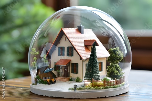 Miniature Residential Home Encased in Protective Glass Dome Symbolizing Security and Insurance Coverage