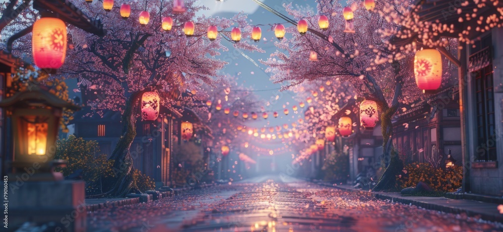 A celebratory papercut scene of a spring festival, lanterns and streamers crafted from textured paper adorning a street lined with blossoming cherry trees.  