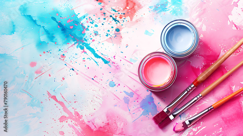 Brushes and jars of paint on colorful watercolor background, top view