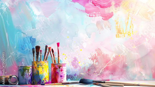 Paintbrushes and paint can on abstract colorful background.  photo