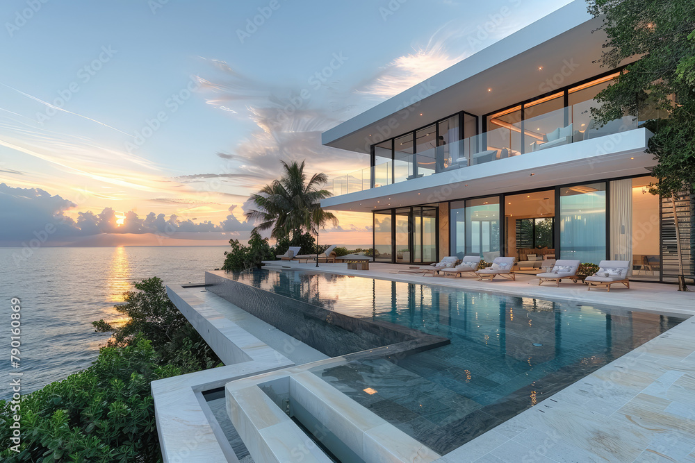 Modern mansion with large glass windows overlooking the mountains, a sleek infinity pool and modern furniture inside the house. Created with Ai