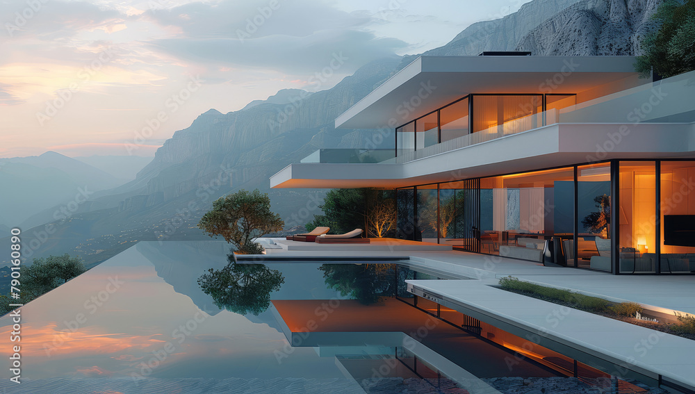 Modern house with terrace and swimming pool overlooking the mountains, exterior view, evening light. Created with Ai