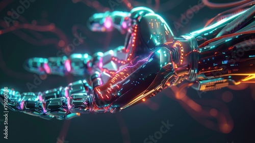 A cybernetic hand with glowing neon veins and metallic fingers interacting with a holographic display.
