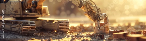 A close-up shot of a construction robot with a robotic arm precisely laying bricks on a building foundation, sunlight glinting off its metallic exterior. 