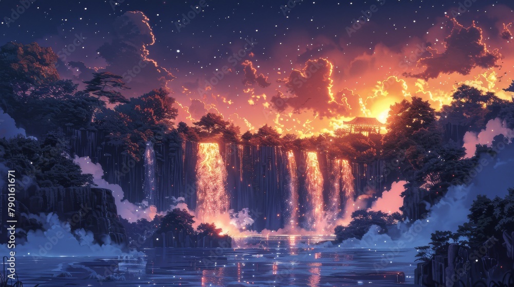 Enchanting Waterfall Under a Starry Night Sky Accented with Warm Colors