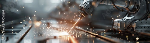 A close-up shot of a robotic welder spraying sparks as it meticulously welds together two pieces of metal on a high-rise building.  photo
