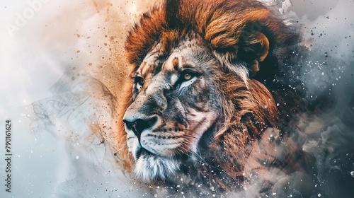 A close-up watercolor portrait of a majestic lion, with its mane flowing in the wind and a determined gaze.