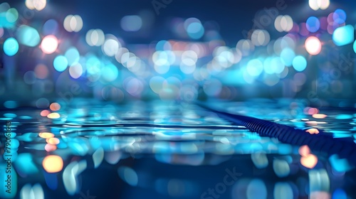Tranquil Illuminated Swimming Pool at Nighttime Stadium Event with Blurred Lights and Atmosphere