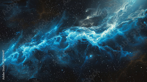 Amidst the infinite void, a solitary plume of cerulean smoke billows, its sinuous form resembling a celestial lightning bolt, illuminating the cosmic canvas with its ephemeral brilliance.
