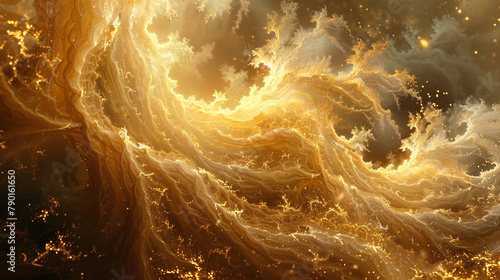 Amorphous tendrils of golden mist coalescing into intricate fractals, suspended in eternal flux. photo