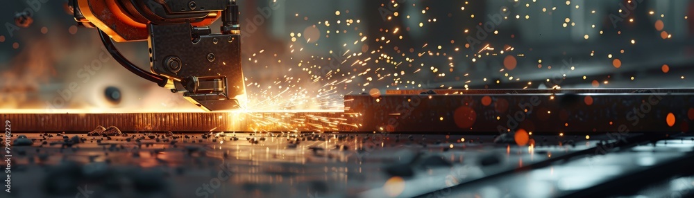 A dramatic image of a construction robot using a powerful laser cutter to precisely slice through a thick steel beam, sparks flying around. 