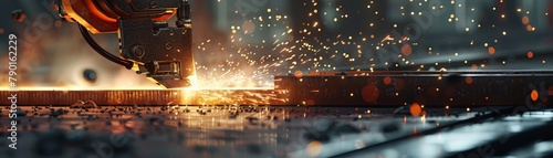 A dramatic image of a construction robot using a powerful laser cutter to precisely slice through a thick steel beam, sparks flying around.  photo