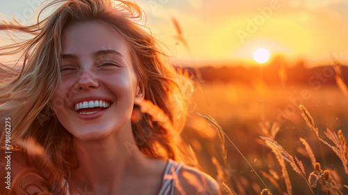 A smiling young woman against the background of the sky and the setting sun