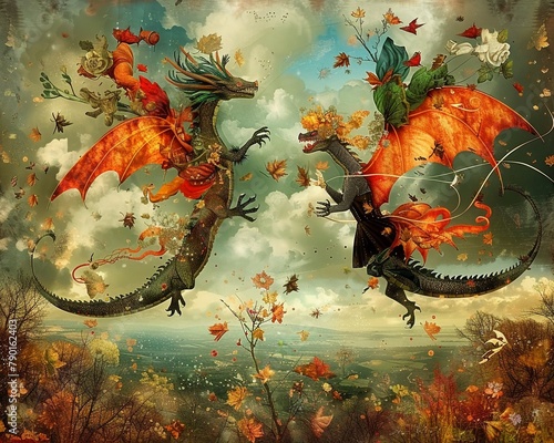 Two knights clash in a brutal aerial joust, their respective dragons locked in a deadly dance of claws and teeth , photo