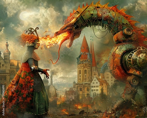In the heart of a ruined metropolis, a knight duels a monstrous cyborg, his fiery drake breathing a torrent of flames at the enemy ,