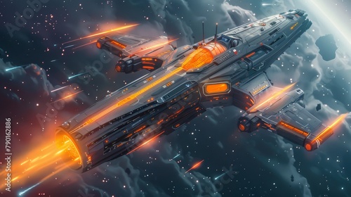 Futuristic spaceship with orange accents traveling through a star-lit galaxy