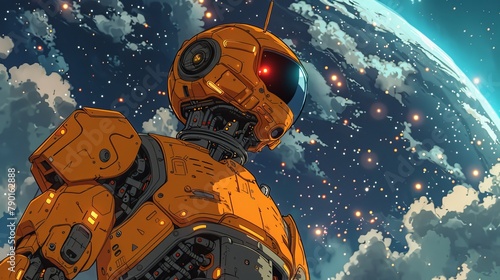 Futuristic robot gazing at a starry night sky with vibrant orange highlights