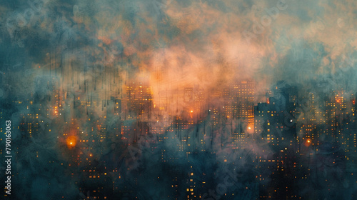 An abstract canvas where the smoke takes on the appearance of a city skyline at dusk, lights twinkling through the haze. photo