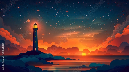 Starry night sky over a serene lighthouse with orange accents on a coastal landscape