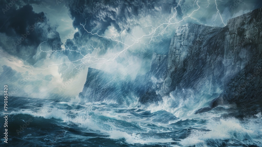 A dramatic watercolor landscape depicting a stormy sea crashing against rugged cliffs, with flashes of lightning in the sky. 