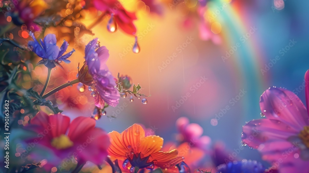 A hyperrealistic close-up of a dewdrop clinging to the edge of a picture frame, casting a miniature rainbow reflection onto a background of colorful wildflowers.