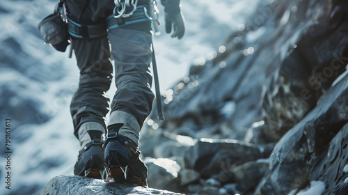 An up-close look at a mountain climbers harness as they ascend a rocky cliff. underscoring its robustness and reliability in challenging terrains. 