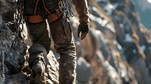 An up-close look at a mountain climbers harness as they ascend a rocky cliff. underscoring its robustness and reliability in challenging terrains. 