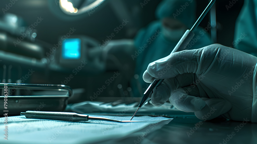 An up-close look at a surgeons scalpel during an operation. underscoring its precision and reliability in medical conditions. - obrazy, fototapety, plakaty 