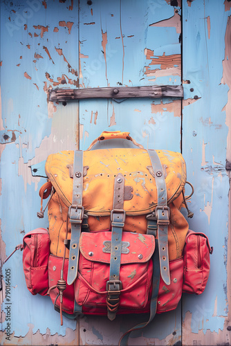 Evoking a sense of nostalgia and adventure, an old and weathered backpack with a red and yellow strap hangs on a rustic wooden door. The faded orange and yellow color scheme of the backpack speaks of 