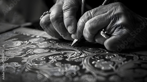 An up-close perspective of a jeweler’s hands engraving intricate motifs into metal.