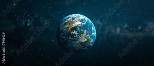 Blue and green planet Earth in the middle with a starry background