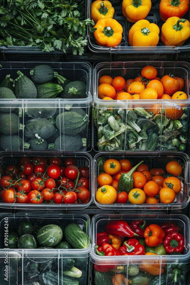 Bins of fresh organic vegetables at a farmers market Bins of fresh organic vegetables at a farmers market