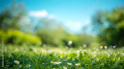 Beautiful blurred background of spring nature on the meadow with green grass and trees. blue sky. Focus in the center to make it as sharp as possible. No blur in the focus area. Blurred edges
