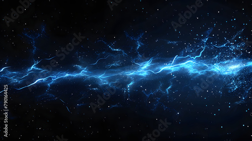 Blue lightning bolt isolated on black background. electric discharge with sparks and flashes in the air. Energy concept for design banner photo