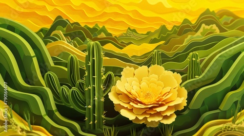A layered papercut illustration of a blooming cactus flower in a desert landscape, showcasing resilience and beauty, crafted from green and yellow recycled paper. 