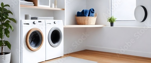 A modern laundry room with a white washing machine and dryer, shelves with neatly folded towels and other household items, and a wooden floor