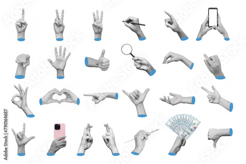 Set of 3d hand gestures ok, peace, thumb up, dislike, point to object, holding magnifier, money, mobile phone, writing isolated on a white background. Contemporary art, creative collage. Modern design