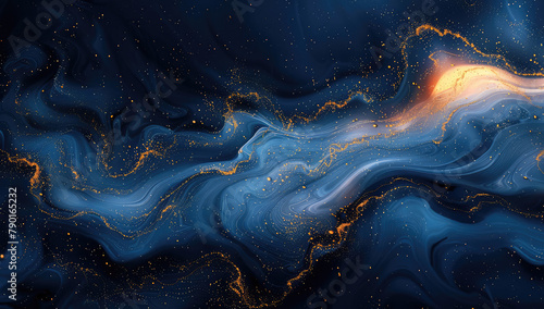 Abstract blue and gold swirl background with stars, dark night sky, dark navy and light azure, fluid art style in the style of watercolor waves. Created with Ai