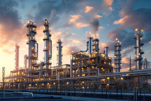 An oil refinery plant in industrial zone with factory smoking pipe AI Generative © ungvar