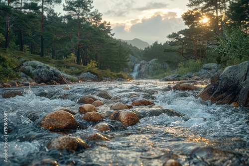 A wide shot of the raging river in Norway, in a forest with a misty atmosphere, in the cinematic and realistic epic style. Created with Ai